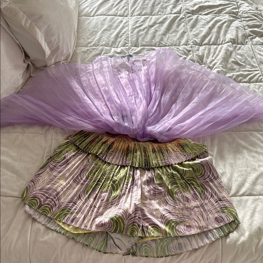 Andrea Iyamah Purple pleated top and purple and Green Pleated shorts (set)